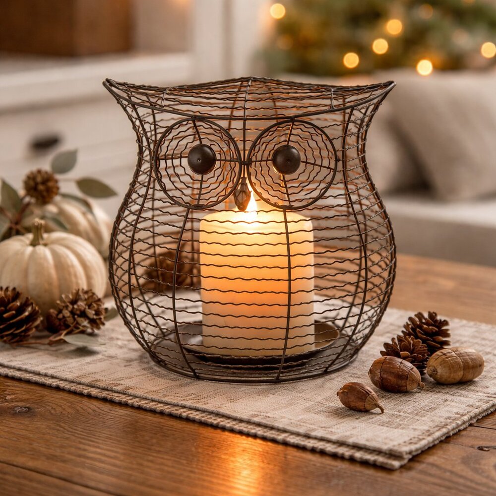 Pottery Barn Metal Owl Luminary Rustic Decor 8"
